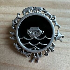 Jezlaine Noah's Ark Brooch Pin 1.25" Black Onyx 925 Sterling Animals Bible 11.3g